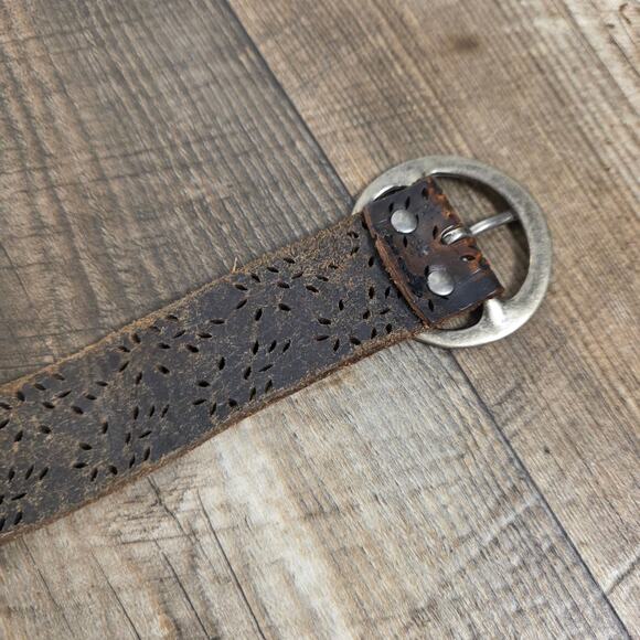 Vibtage Brown Leather Distressed Floral Cutout Belt Western Boho main image 8